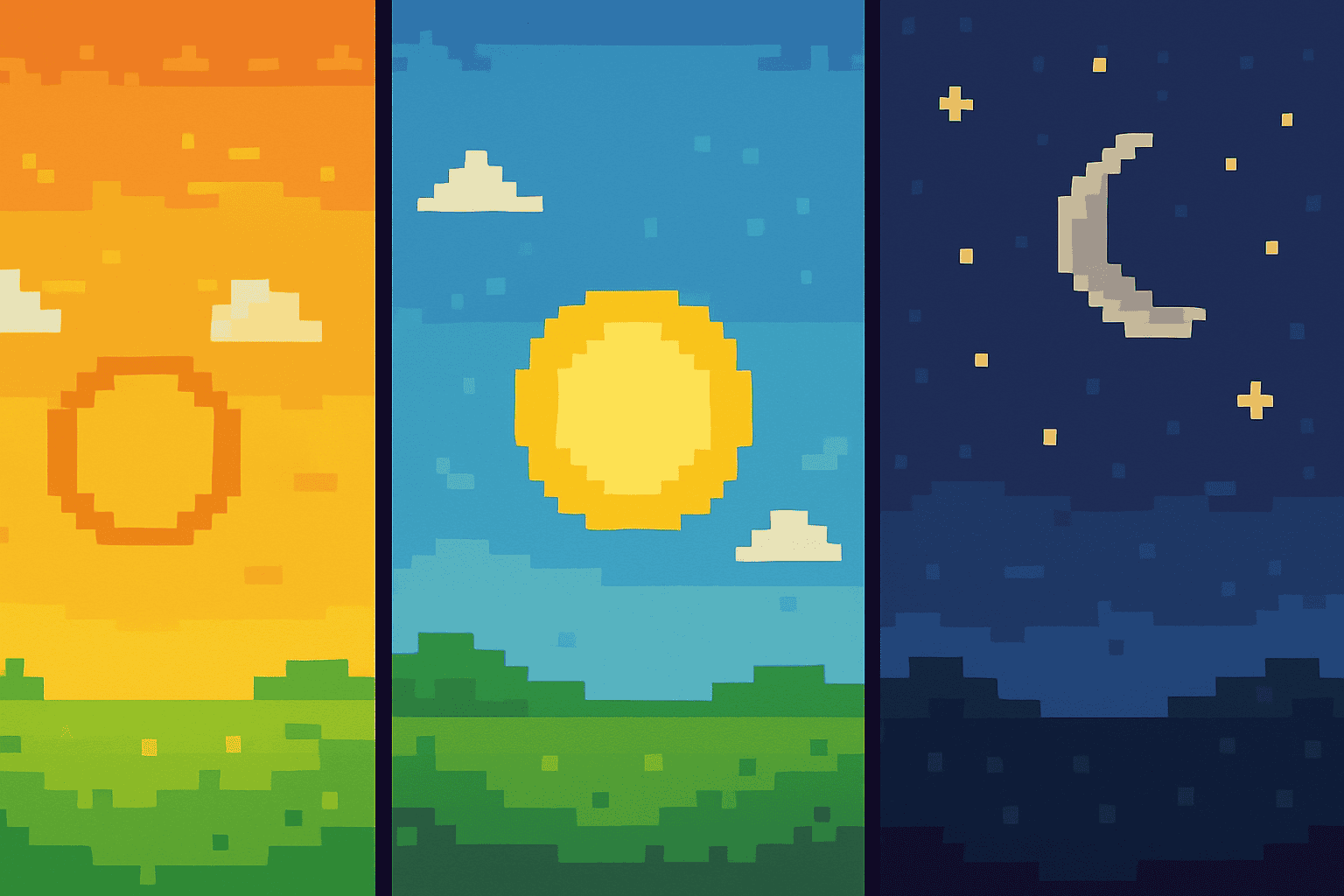 Pixel art illustration showing morning, afternoon, and night with sun and moon to represent Portuguese time adverbs