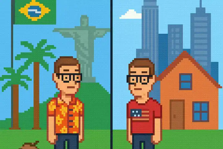 A split 8-bit pixel art scene showing the same foreign man in two places: on the left, in Brazil wearing a floral shirt with a coconut on the ground, palm trees, the Brazilian flag, and Christ the Redeemer; on the right, in the U.S. wearing a T-shirt with the American flag, with a house and city skyscrapers behind him.