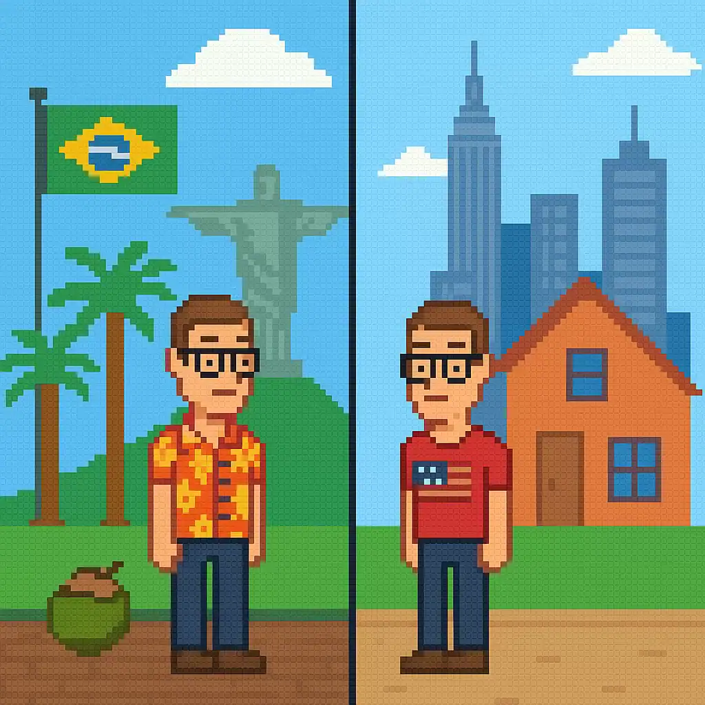 A split 8-bit pixel art scene showing the same foreign man in two places: on the left, in Brazil wearing a floral shirt with a coconut on the ground, palm trees, the Brazilian flag, and Christ the Redeemer; on the right, in the U.S. wearing a T-shirt with the American flag, with a house and city skyscrapers behind him.