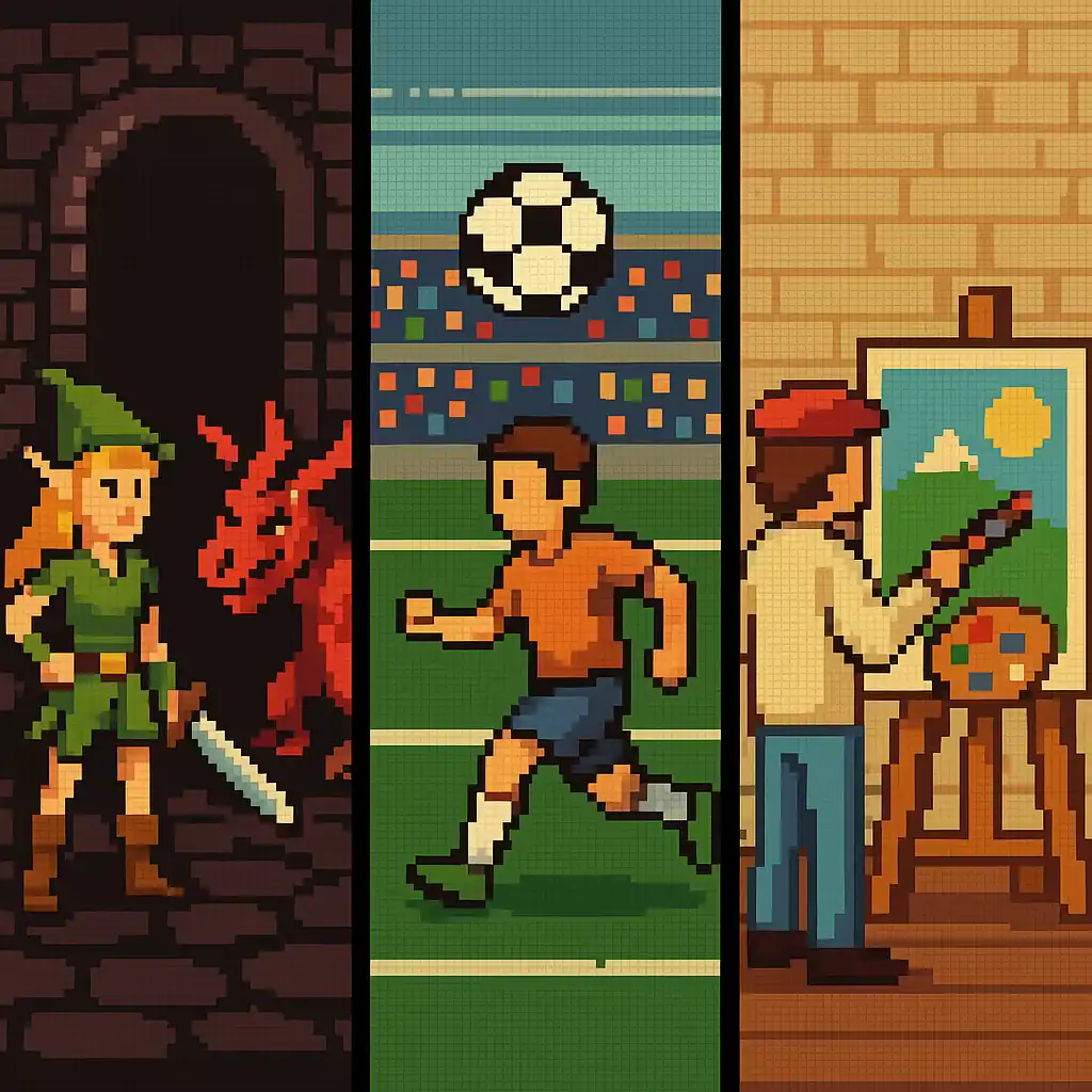Pixel art mostrando três estilos de jogos educativos: RPG de fantasia com cavaleiro e dragão, cena esportiva com jogador de futebol e tema artístico com pintor em frente ao cavalete. EdTech AI
