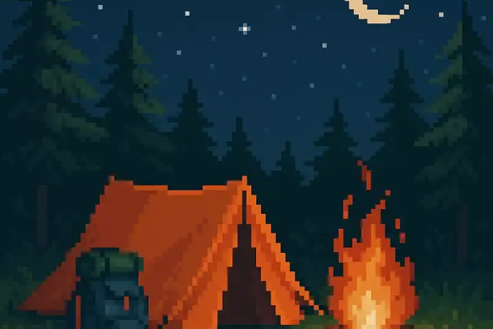 Pixel art camping scene with a tent, backpack, and campfire under a starry night sky — Portuguese camping vocabulary.