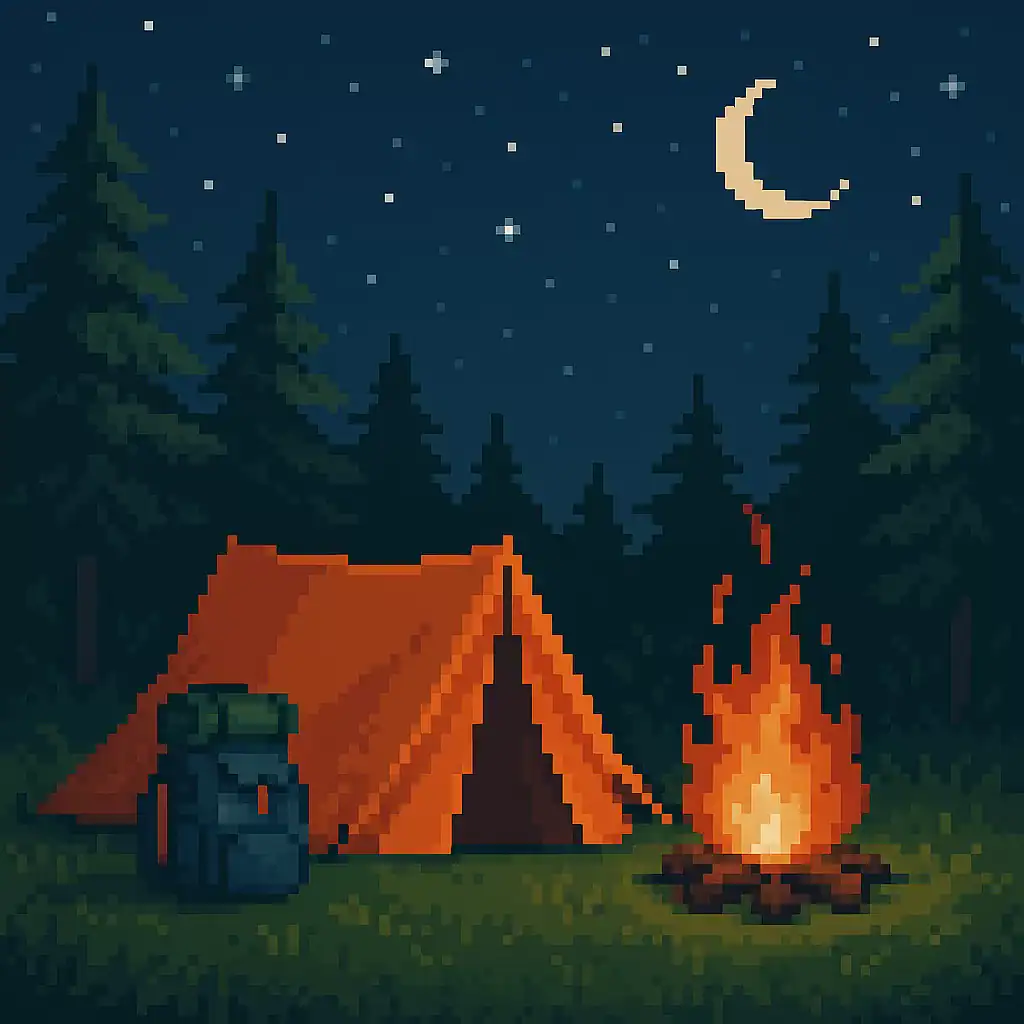 Pixel art camping scene with a tent, backpack, and campfire under a starry night sky — Portuguese camping vocabulary.