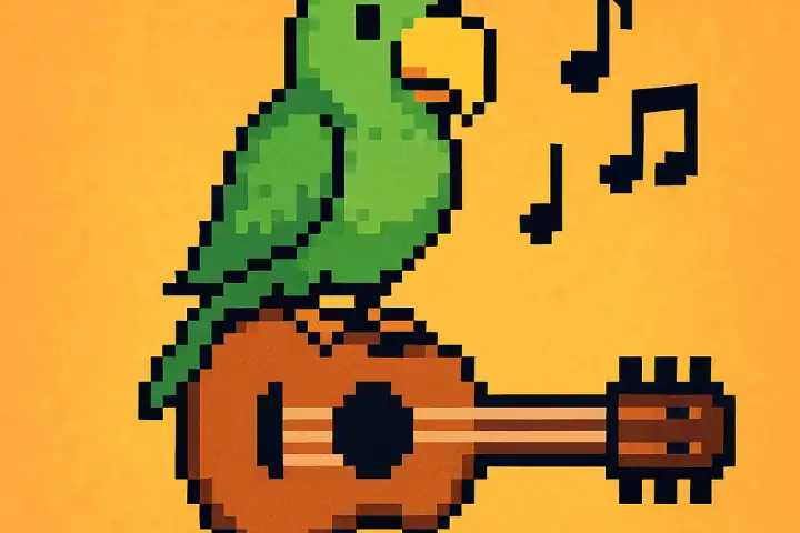 Pixel art of a green parrot sitting on a guitar, representing learning Portuguese through music.