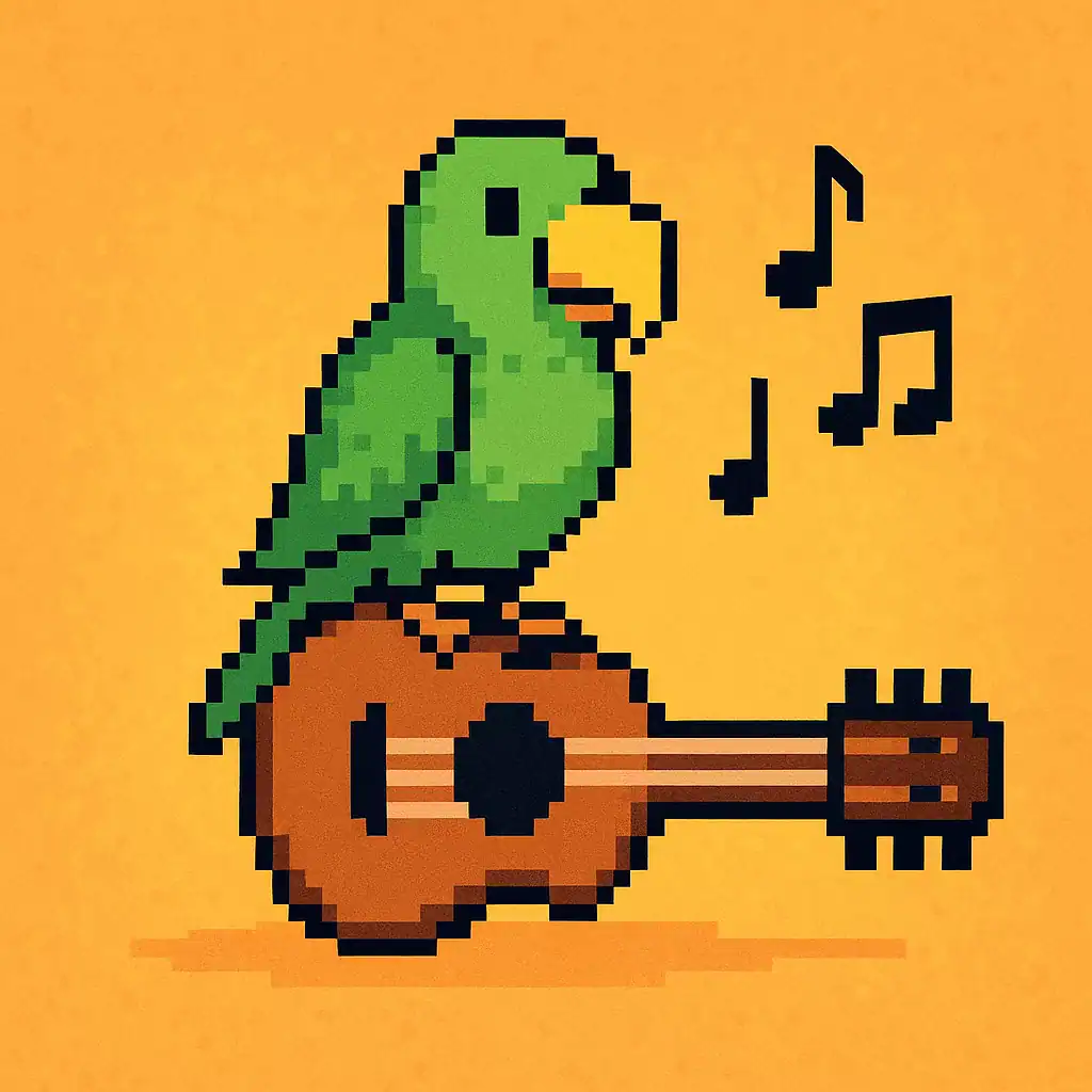 Pixel art of a green parrot sitting on a guitar, representing learning Portuguese through music.