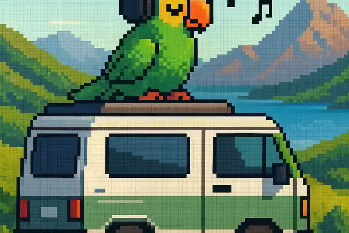Pixel art of a parrot wearing headphones relaxing on top of a van on a scenic road, representing learning the future tense in Portuguese through music.