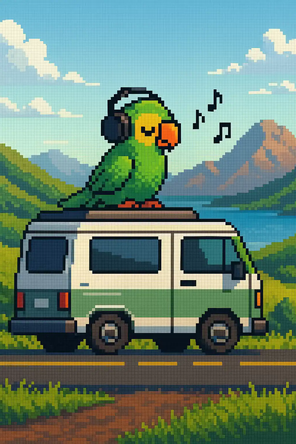 Pixel art of a parrot wearing headphones relaxing on top of a van on a scenic road, representing learning the future tense in Portuguese through music.