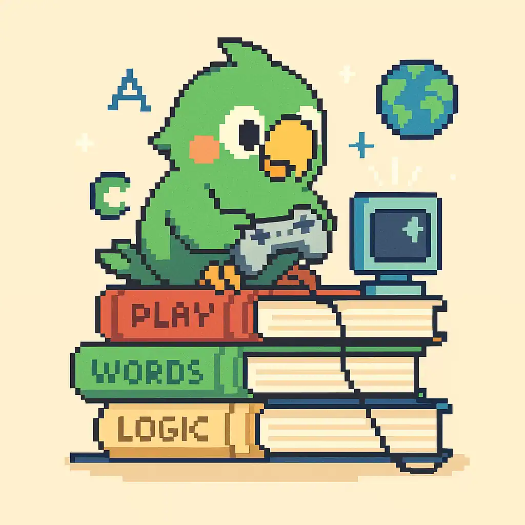 Pixel art parrot sitting on a stack of colorful books while playing a video game. The image represents gamification in education, where fun and learning merge through play, curiosity, and storytelling.