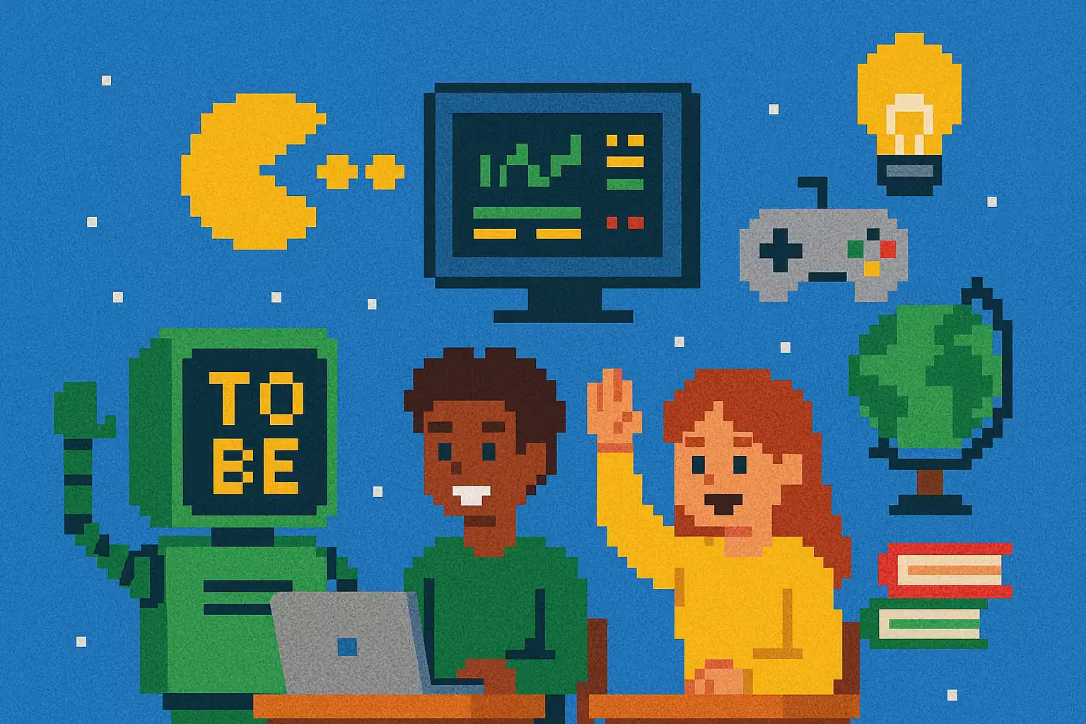 Pixel art de alunos aprendendo o verbo to be em inglês, com robô, laptop, globo, joystick e referências de jogos retro no estilo Pac-Man
