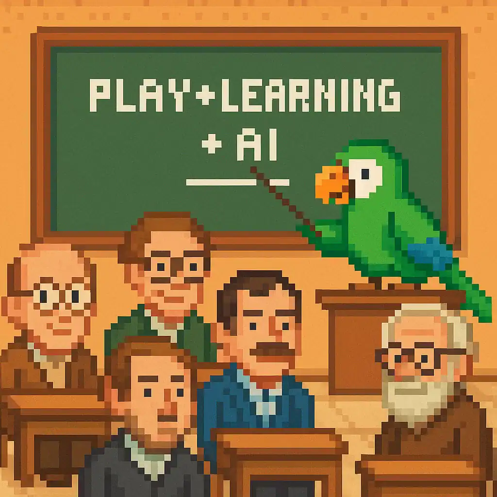 Pixel art of a parrot teaching a class of famous thinkers about play, learning, and AI, representing Papagaio’s vision of education through games.
