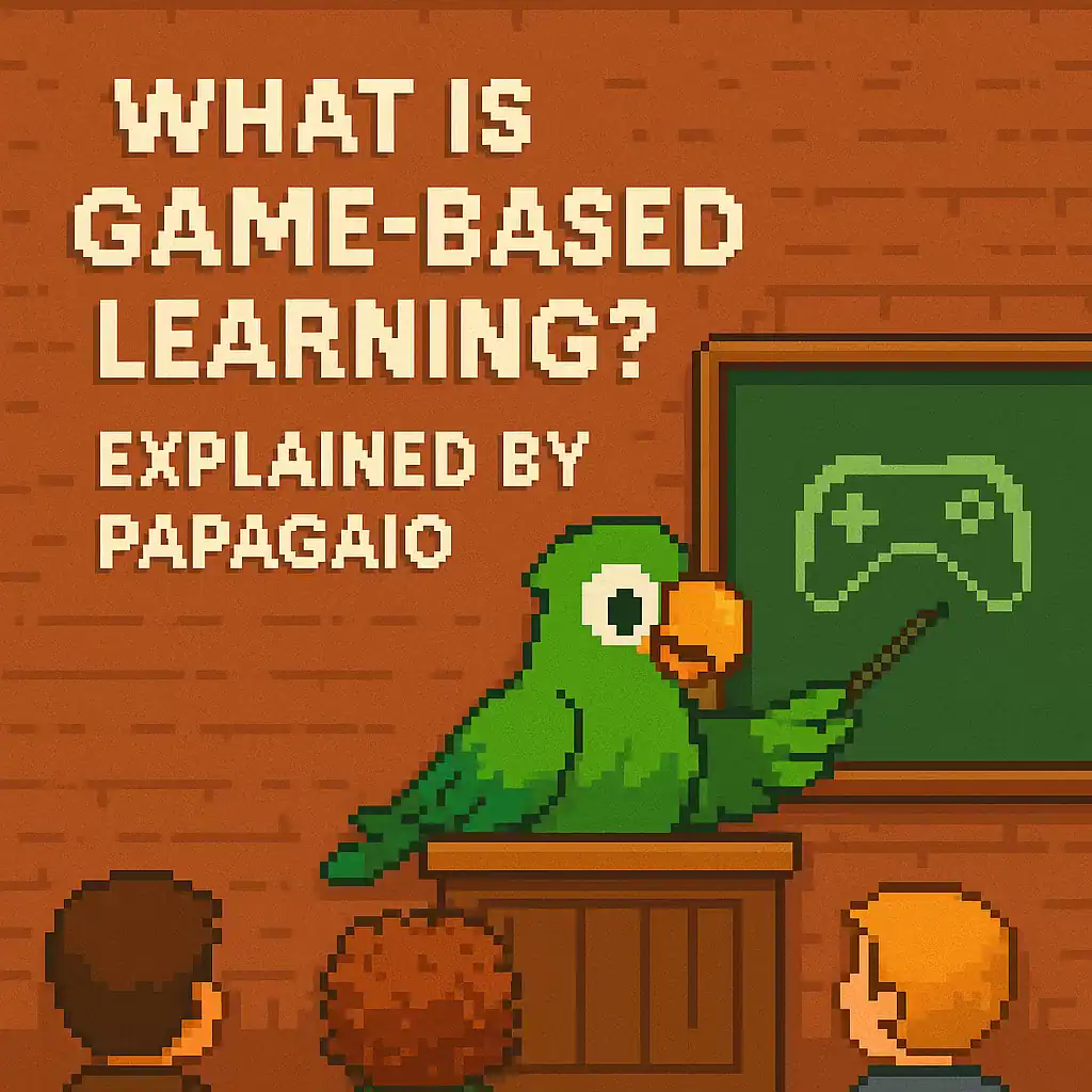 Pixel art of the Papagaio teaching Game-Based Learning in a classroom, showing how AI, play, and education connect through fun and creativity.