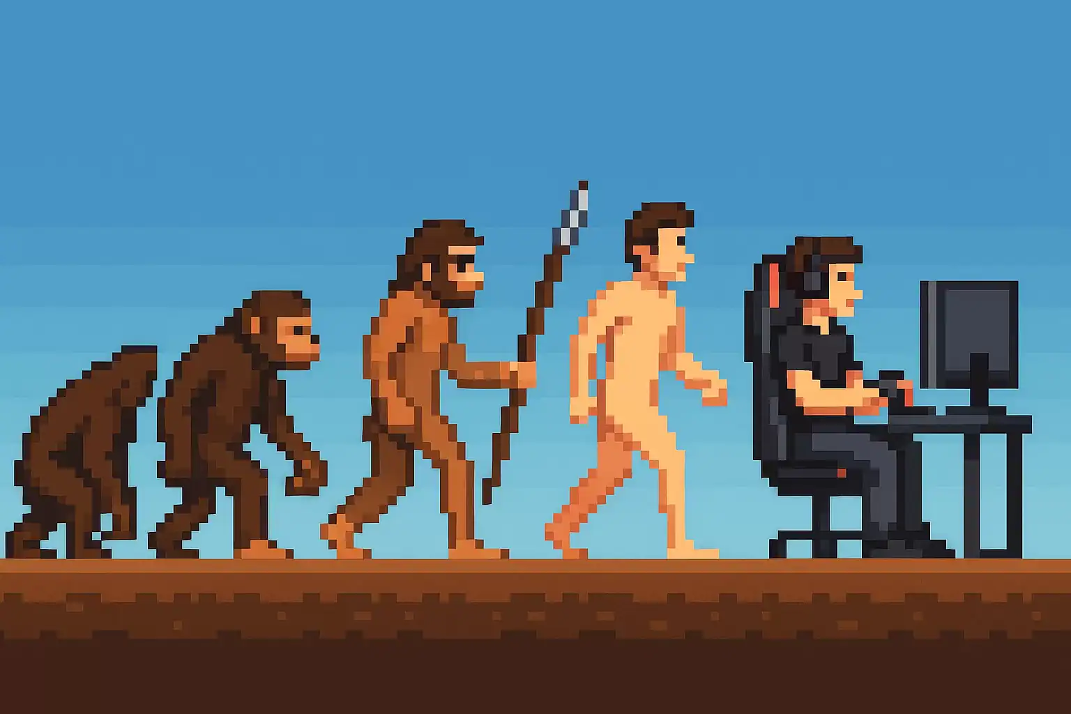 Pixel art showing human evolution from primate to modern gamer, inspired by Johan Huizinga’s Homo Ludens concept.