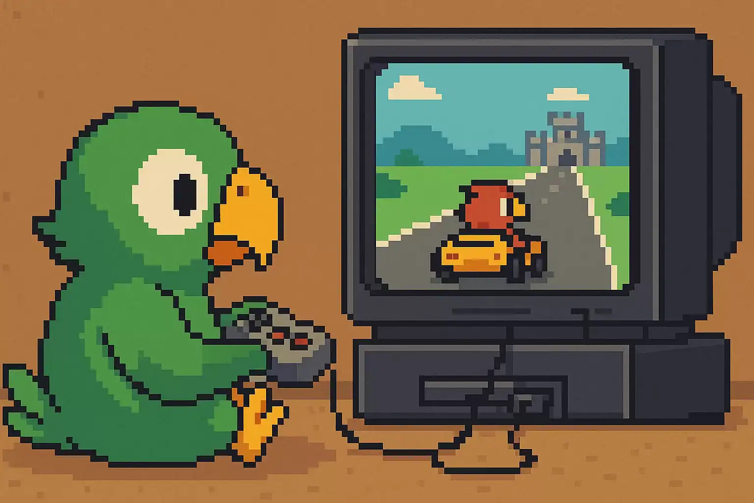 Pixel art of a parrot playing a racing video game on TV while another parrot drives inside the game world, illustrating the connection between video games and learning.