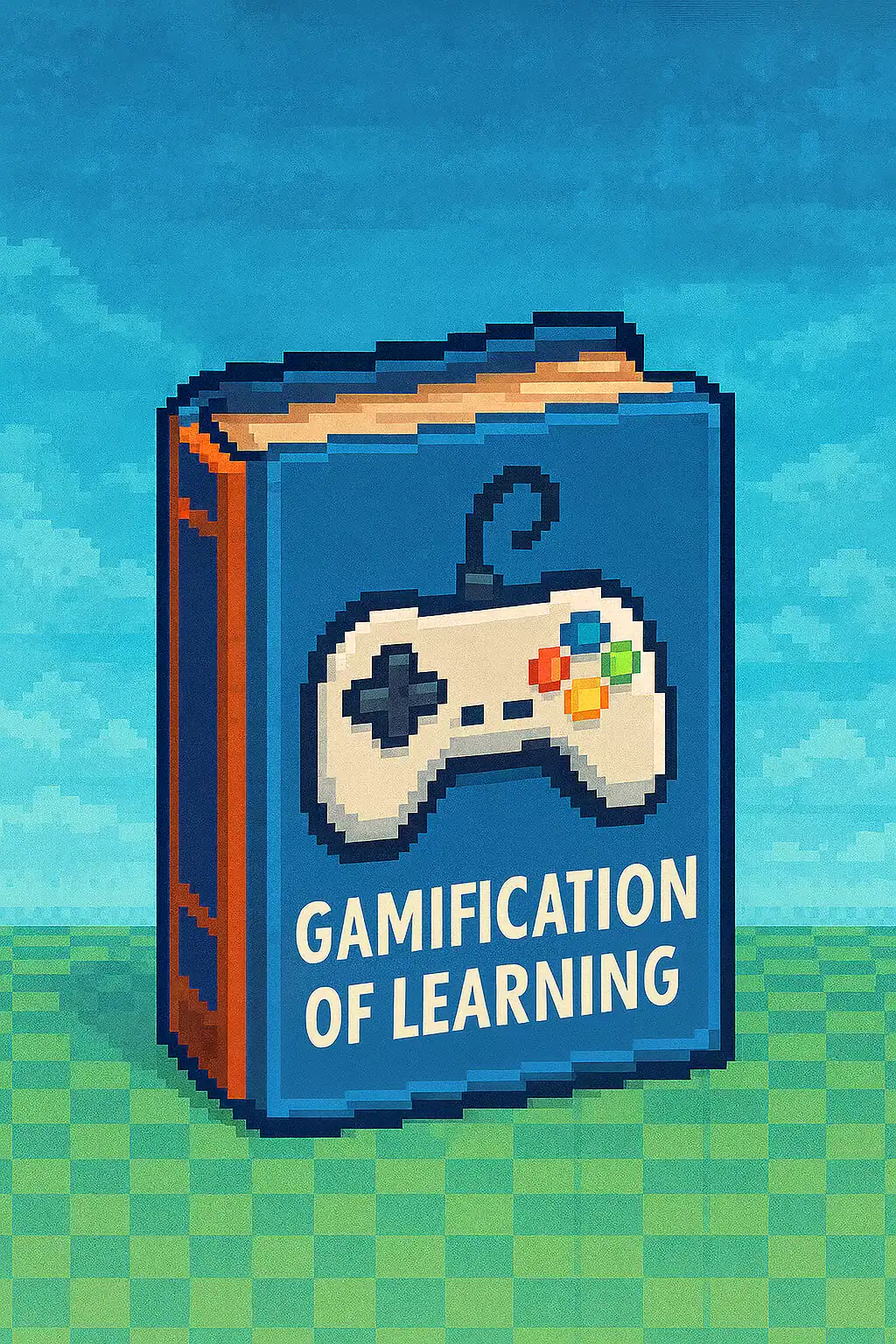 Pixel art of a blue book titled “Gamification of Learning” with a joystick on the cover, representing Karl M. Kapp’s concept of the power of gamification in education.