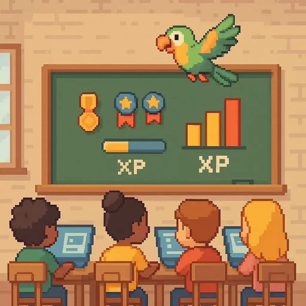 Pixel art classroom with students using tablets, a chalkboard showing XP bars and medals, and a colorful parrot mascot flying above, representing modern learning platforms and gamified education.