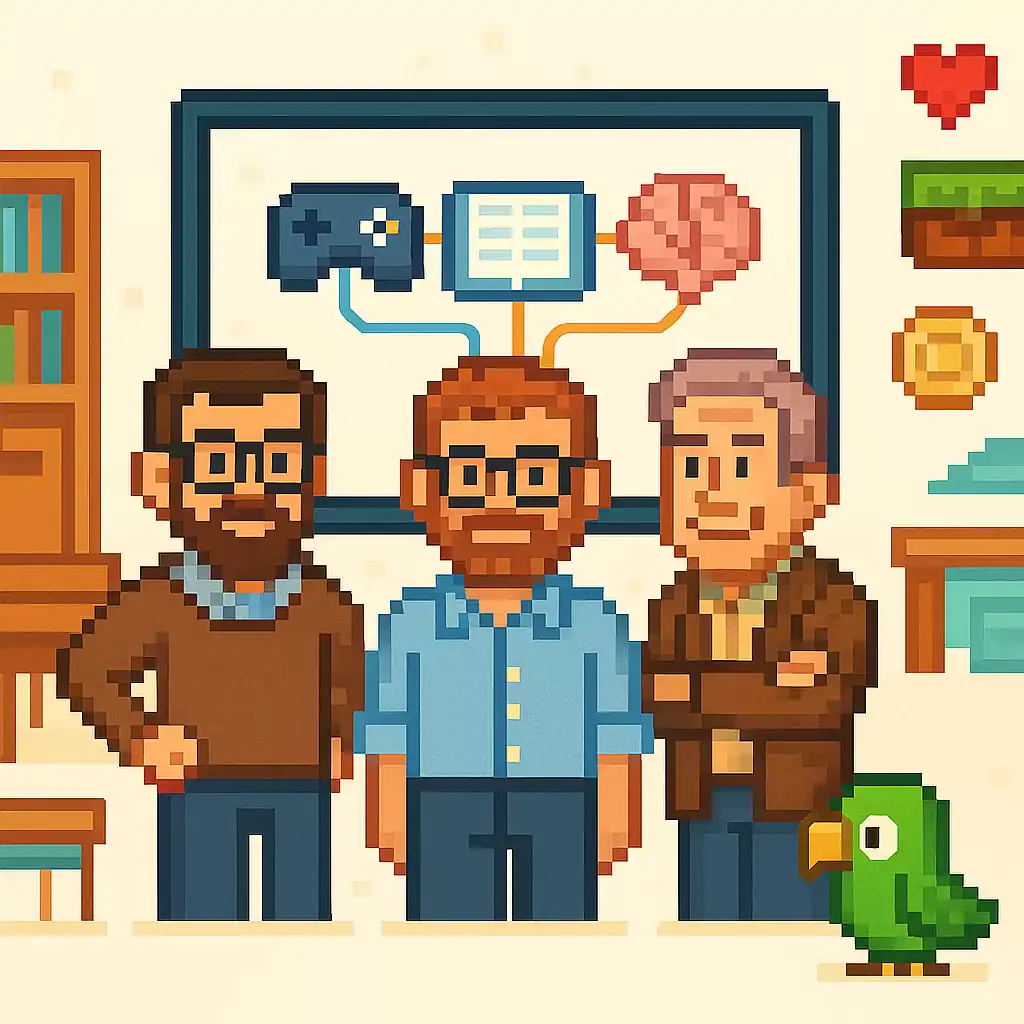 Pixel art illustration of Plass, Homer, and Kinzer explaining the Foundations of Game-Based Learning with a digital board, combining classroom and video game elements, and the Papagaio mascot watching.