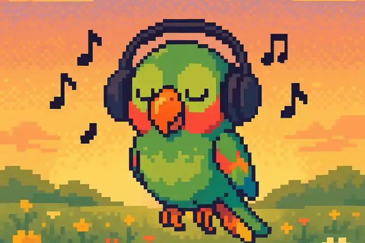 Pixel art of a parrot floating in a flower field at sunset, listening to music. Represents the idea of learning Portuguese adverbs through gentle and poetic rhythm.