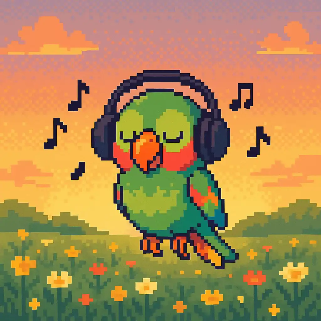 Pixel art of a parrot floating in a flower field at sunset, listening to music. Represents the idea of learning Portuguese adverbs through gentle and poetic rhythm.