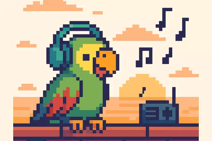 Pixel art parrot listening to music at sunset, symbolizing learning Portuguese adjectives through songs and hope for “Dias Melhores.”