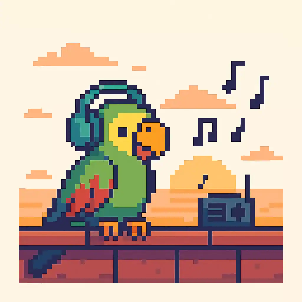 Pixel art parrot listening to music at sunset, symbolizing learning Portuguese adjectives through songs and hope for “Dias Melhores.”