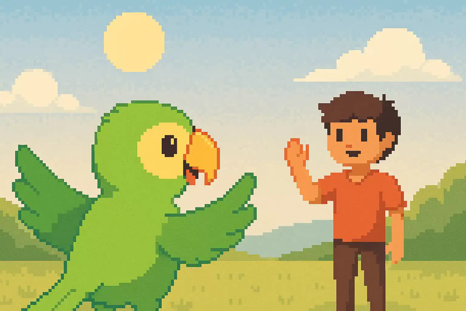 Pixel art of a parrot waving to someone in the distance, symbolizing Portuguese greetings and friendly communication.
