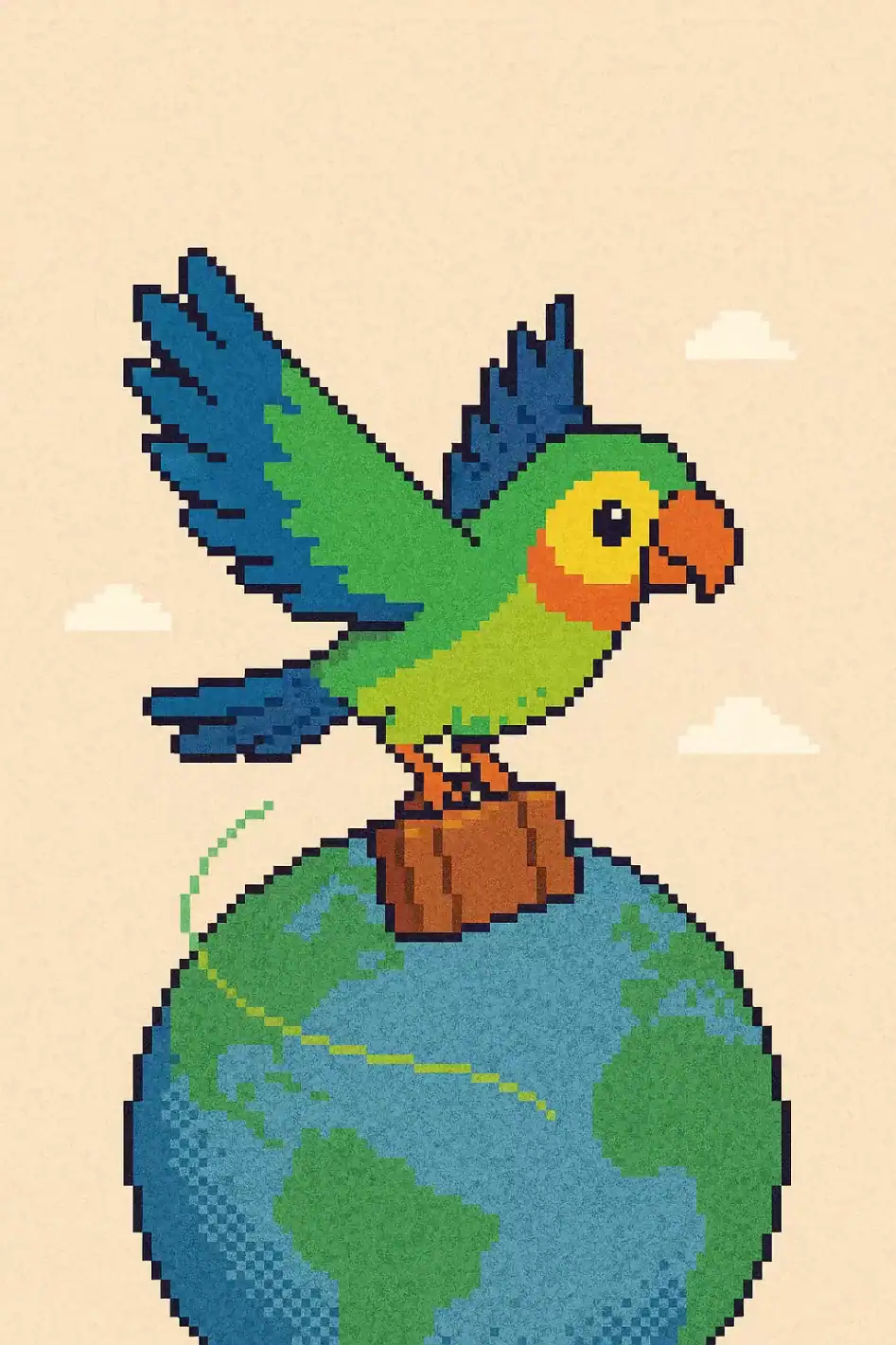 Cute pixel art parrot flying over the globe with a suitcase, symbolizing the Celpe-Bras certificate journey to Brazil.