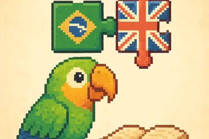 Pixel art of a green parrot watching two puzzle pieces with the flags of Brazil and the United Kingdom connecting — symbolizing cognates between Portuguese and English.
