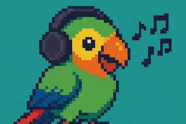 Pixel art of a green parrot wearing headphones and listening to music notes, representing learning Portuguese through songs.