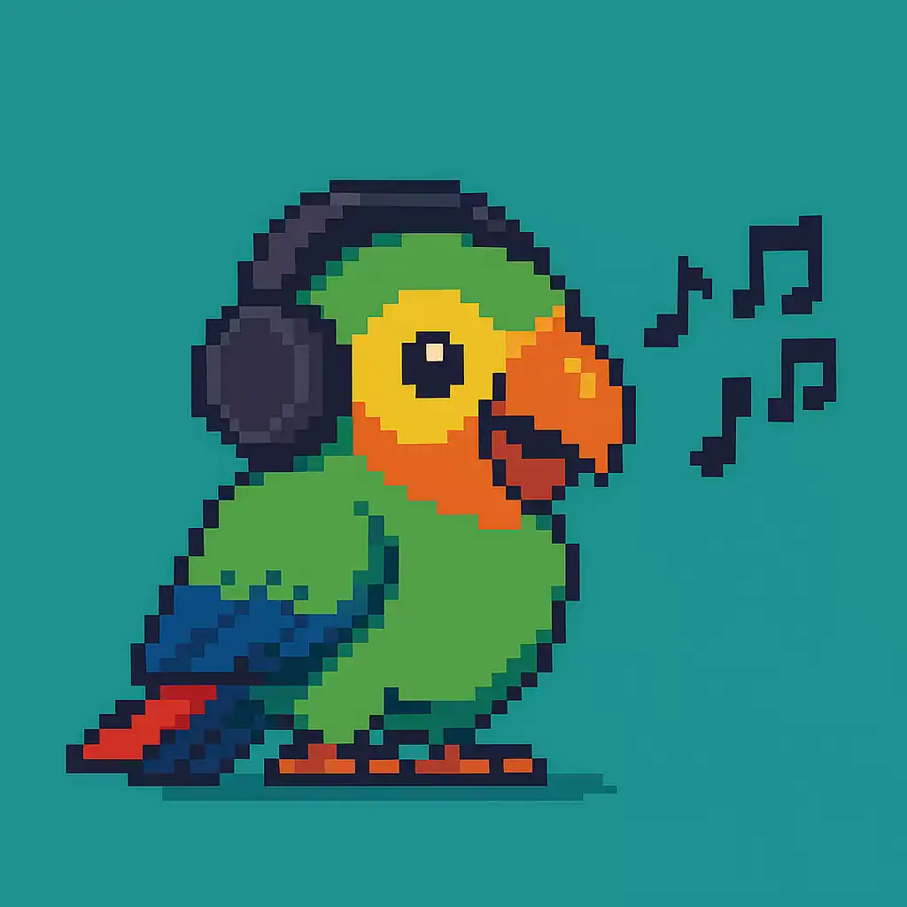 Pixel art of a green parrot wearing headphones and listening to music notes, representing learning Portuguese through songs.