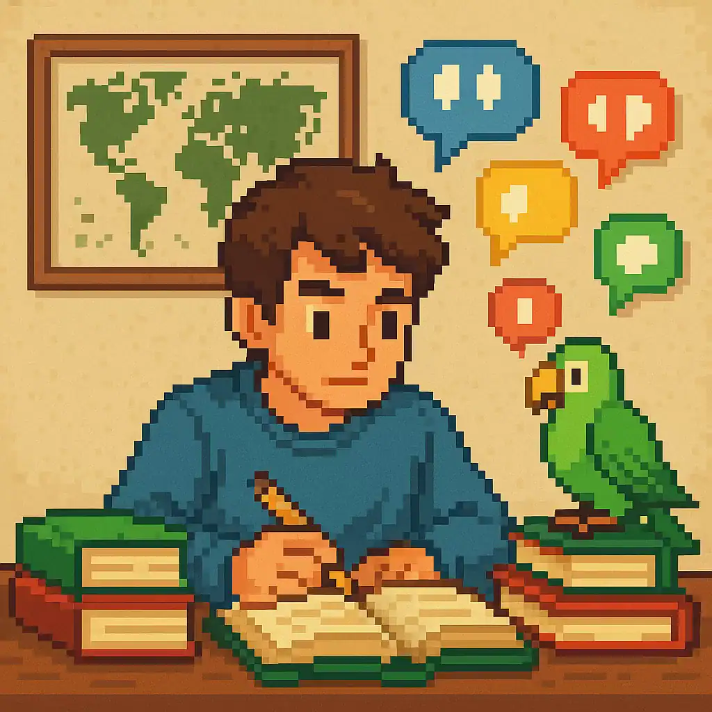 Pixel art mostrando um estudante e um papagaio aprendendo idiomas juntos, com livros, mapa e balões de fala coloridos — ilustração sobre como aprender um idioma de forma divertida.
