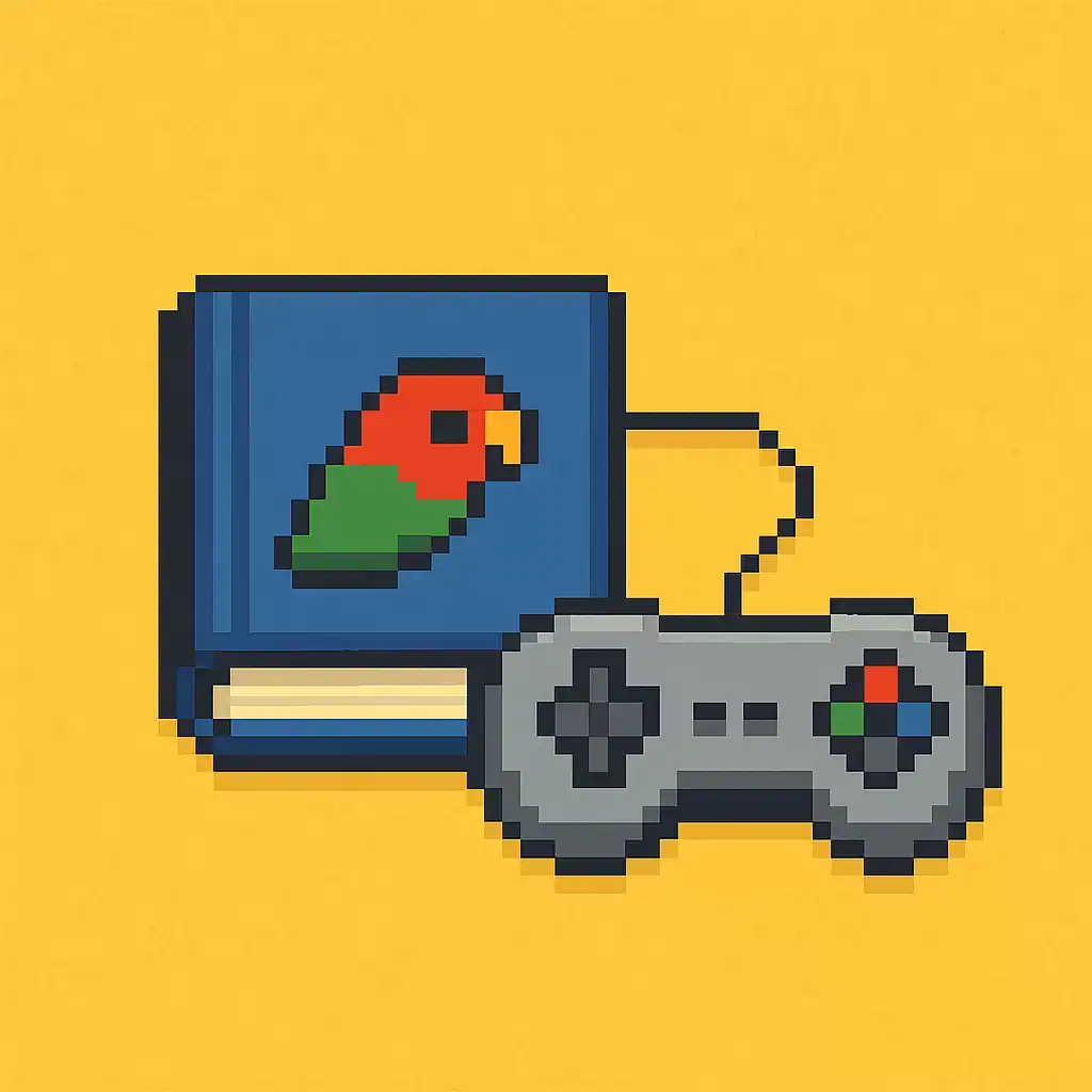 Pixel art of a closed blue book with a parrot logo on the cover connected by a cable to a gray video game controller, symbolizing learning Portuguese through gaming.