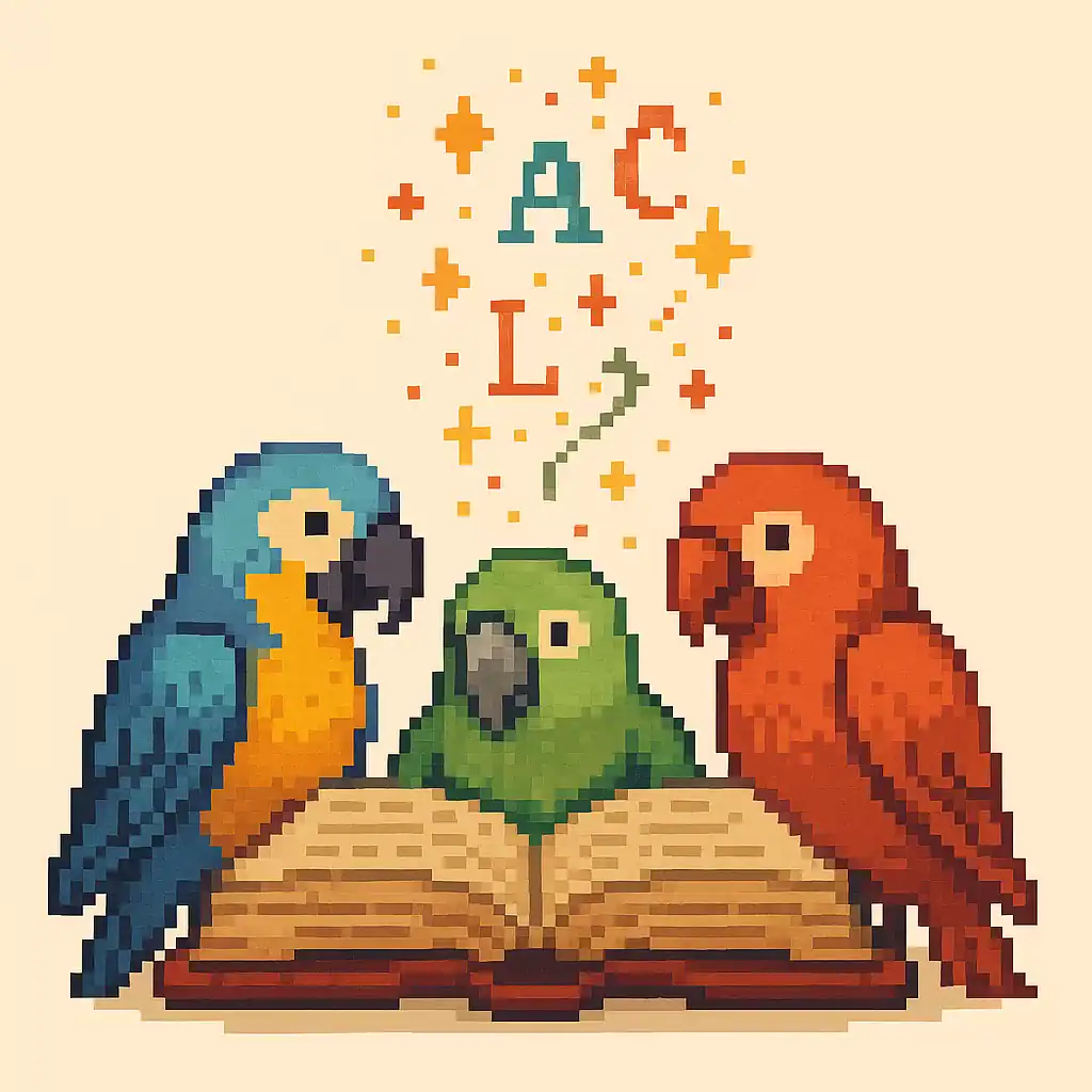 Three parrots reading an open book with floating letters, symbolizing Romance languages cognates that share similar forms and meanings.