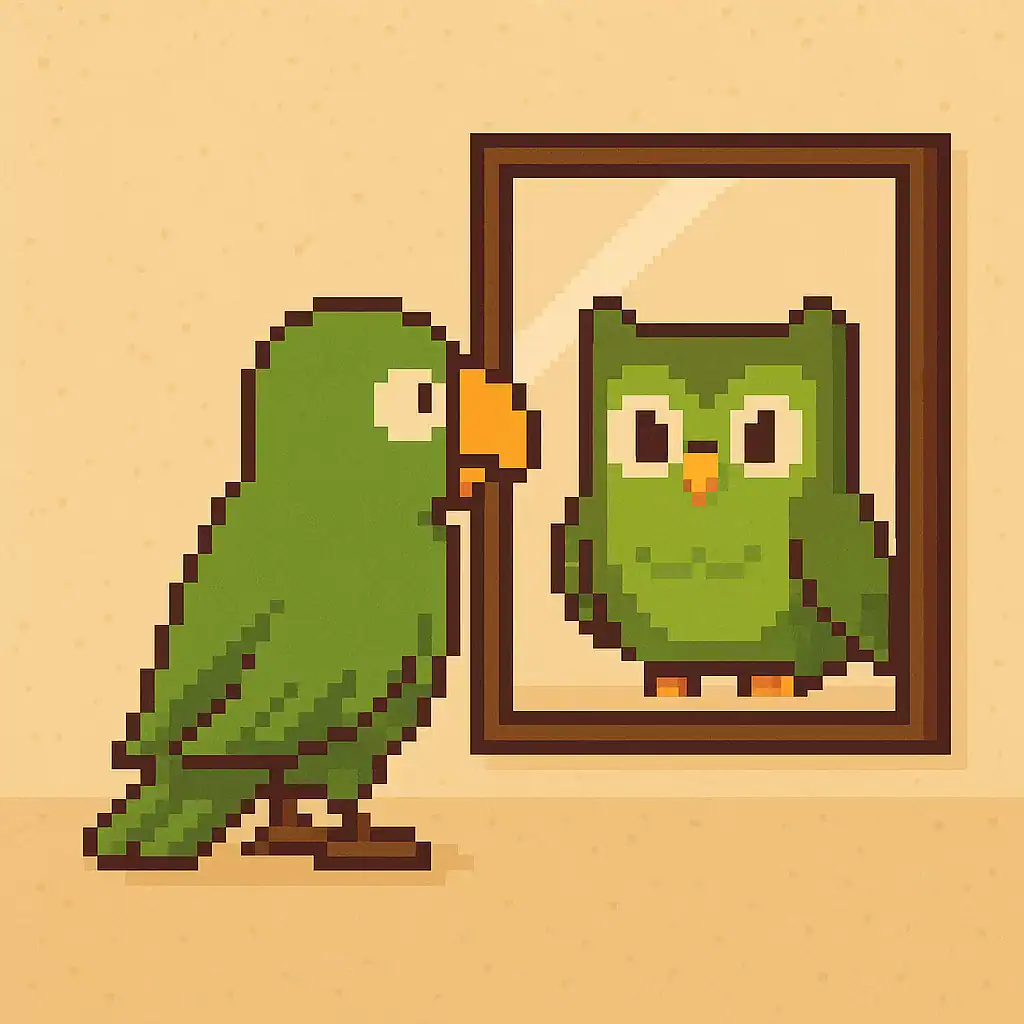 Pixel art of a parrot looking in the mirror and seeing an owl, illustrating the concept of false cognates in Portuguese.
