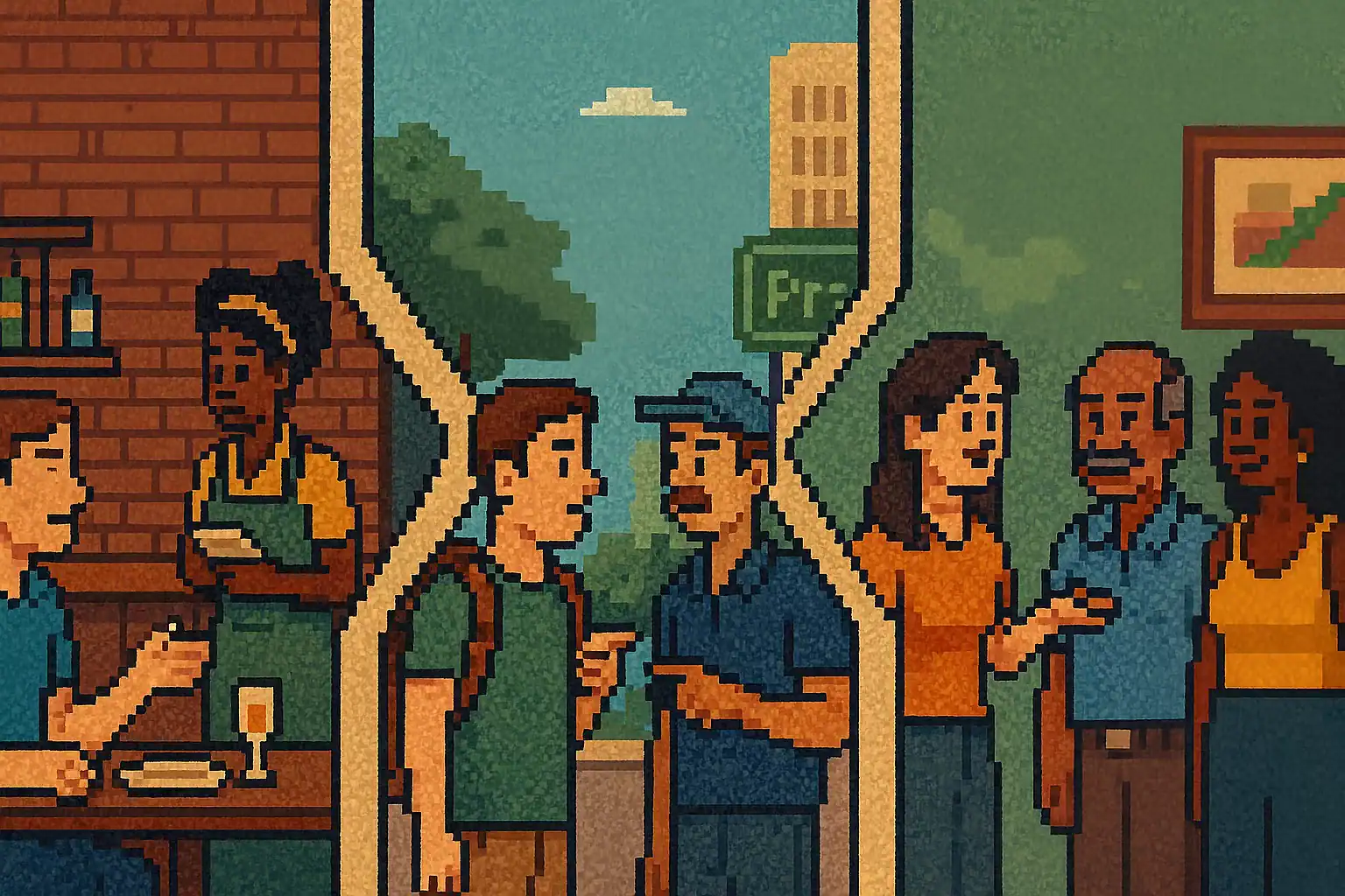Three-scene pixel art illustration showing tourists speaking basic Portuguese in real Brazilian situations such as ordering food, asking for directions and meeting a family. Perfect visual representation of the importance of speaking basic Portuguese when traveling to Brazil.