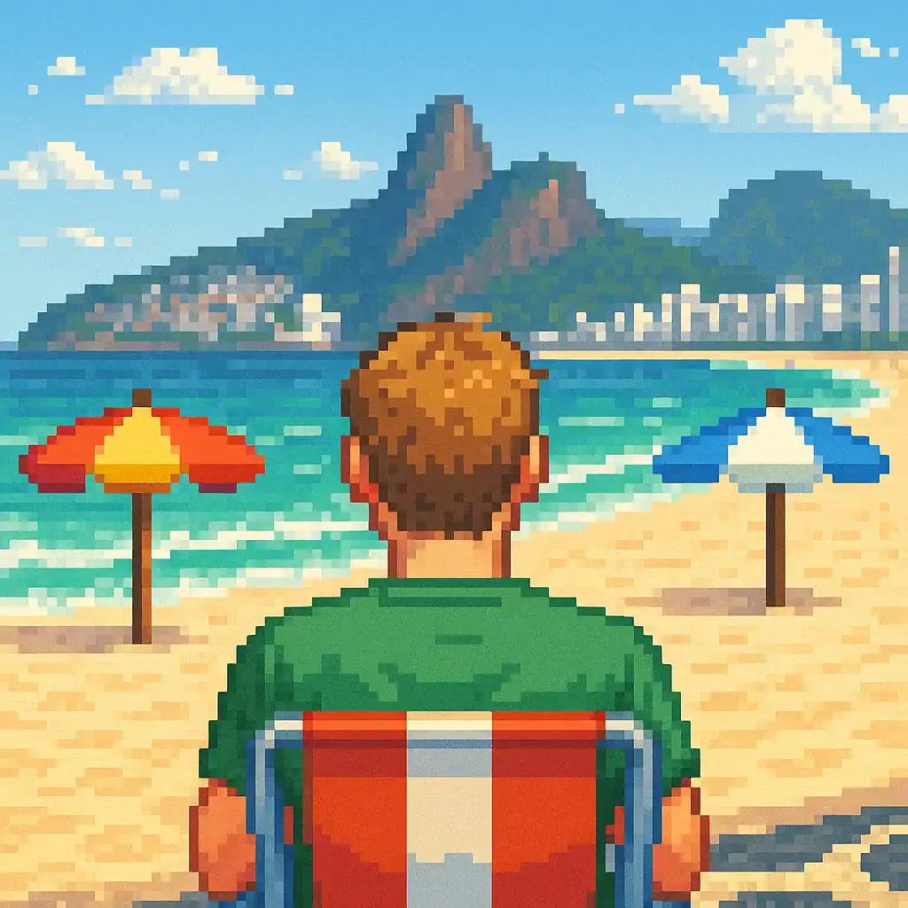 Gringo sentado em uma cadeira de praia olhando para o Rio de Janeiro em pixel art, representando como aprender português ajuda a Avoid Struggling in Brazil.