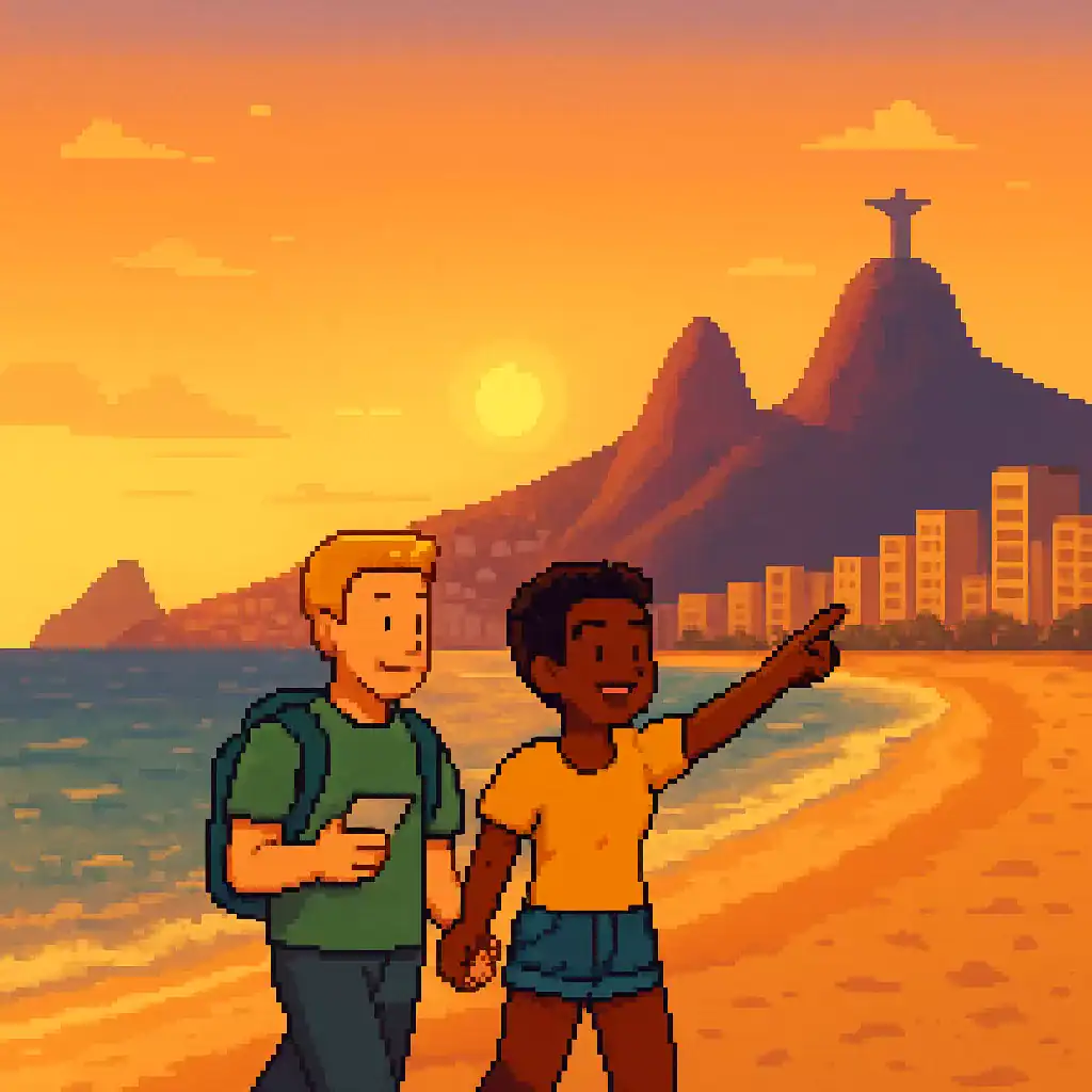 Pixel art of a traveler couple walking on Ipanema Beach at sunset, illustrating common mistakes travelers make in Brazil and how to avoid them.