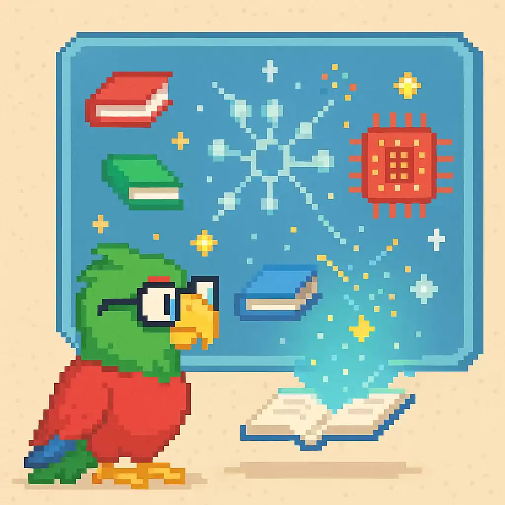 Pixel-art parrot watching books transform into holograms of artificial intelligence, representing the future of education.