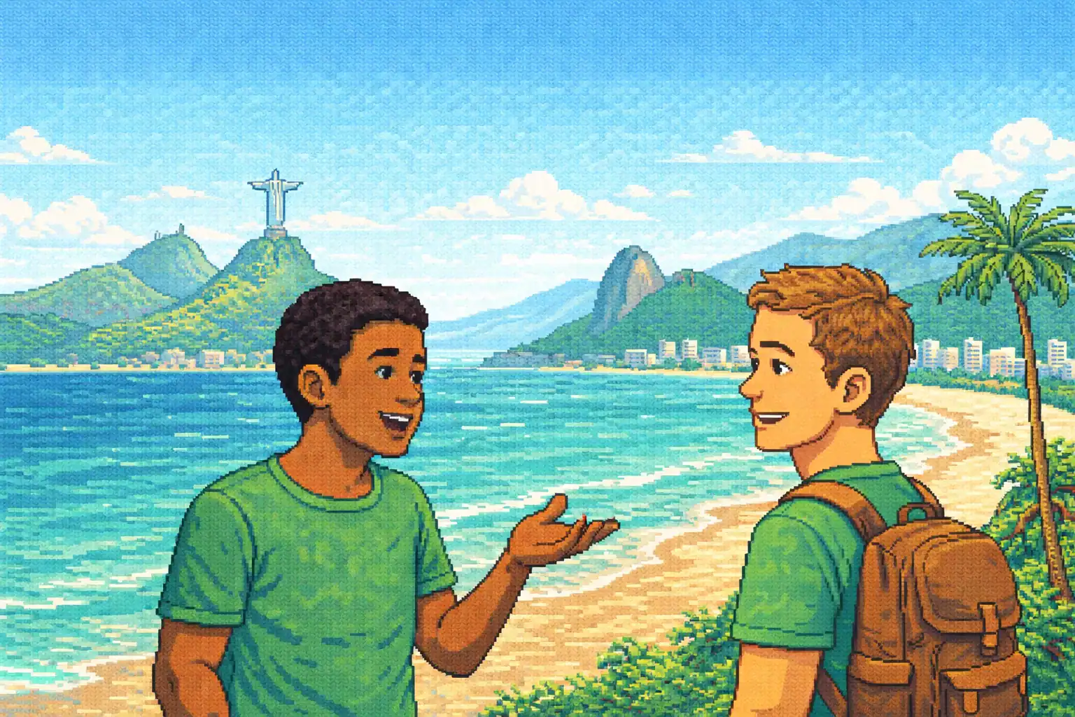 Pixel art illustration showing Brazilian Portuguese pronunciation confusing travelers during a conversation in Brazil