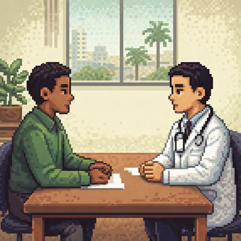 Ilustración en pixel art de la prueba oral del Celpe-Bras para médicos hispanohablantes