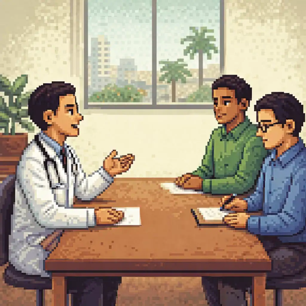 Ilustración en pixel art de la prueba oral del Celpe-Bras para médicos hispanohablantes con dos evaluadores