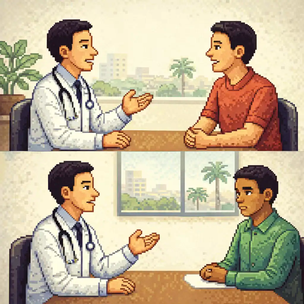 Ilustración en pixel art que muestra la diferencia entre ser entendido y ser evaluado en el Celpe-Bras para médicos hispanohablantes