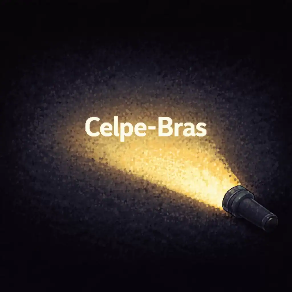 Ilustración en pixel art que muestra el Celpe-Bras iluminado por una linterna, representando los elementos provocadores de la prueba oral