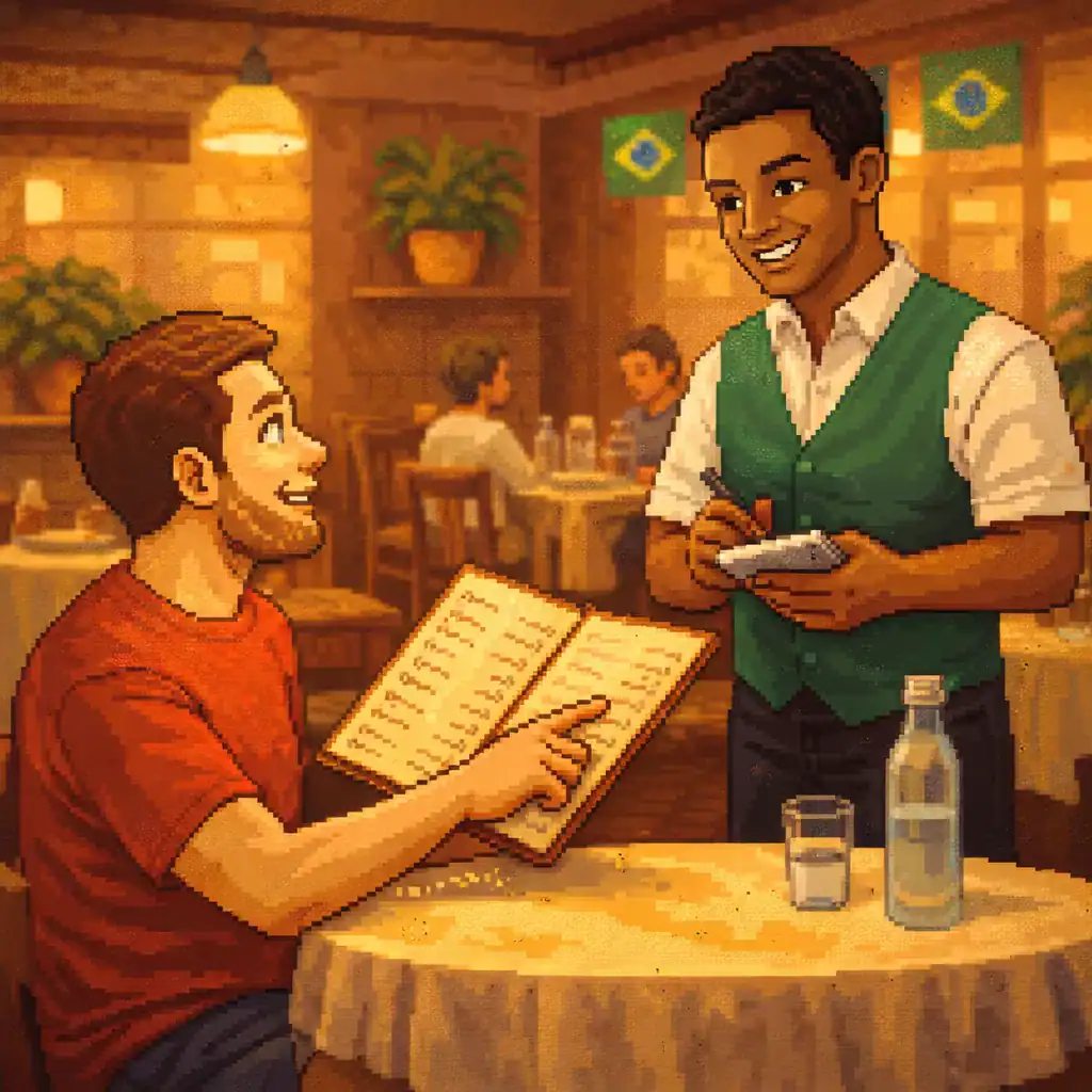 Tourist ordering food at a Brazilian restaurant using Portuguese