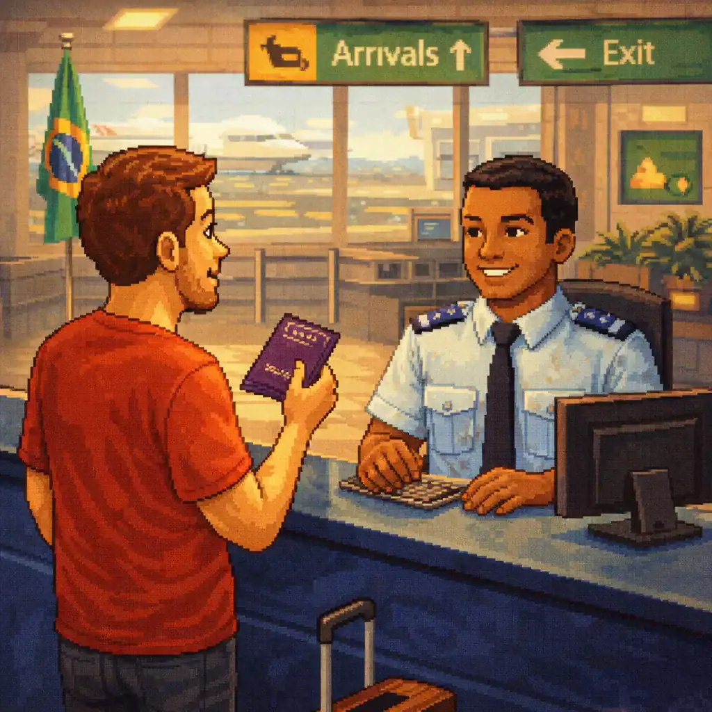 Tourist at a Brazilian airport speaking Portuguese at immigration