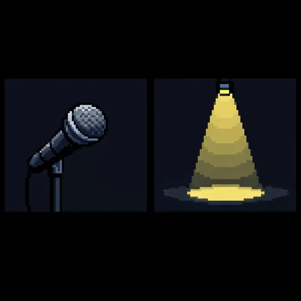 Ilustración en pixel art que representa un examen oral de idiomas, simbolizado por un micrófono y un foco de luz en un entorno oscuro y minimalista.