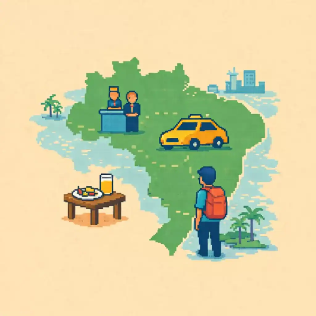 Pixel art illustration showing a simplified map of Brazil with icons representing common travel situations such as restaurants, taxis, and hotels.