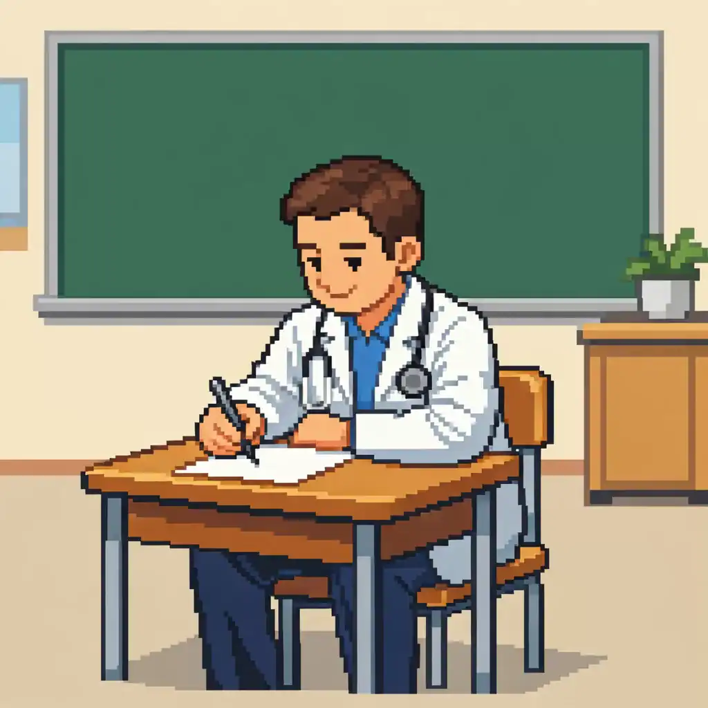 Ilustración en pixel art de un médico realizando un examen escrito, sentado en un pupitre en un aula escolar, con expresión concentrada.