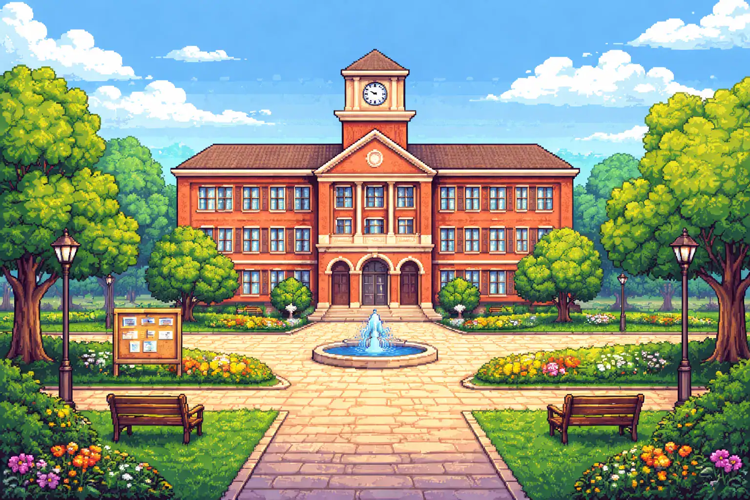 Pixel art illustration of a university campus with a central academic building in focus, representing an official Celpe-Bras test center environment.