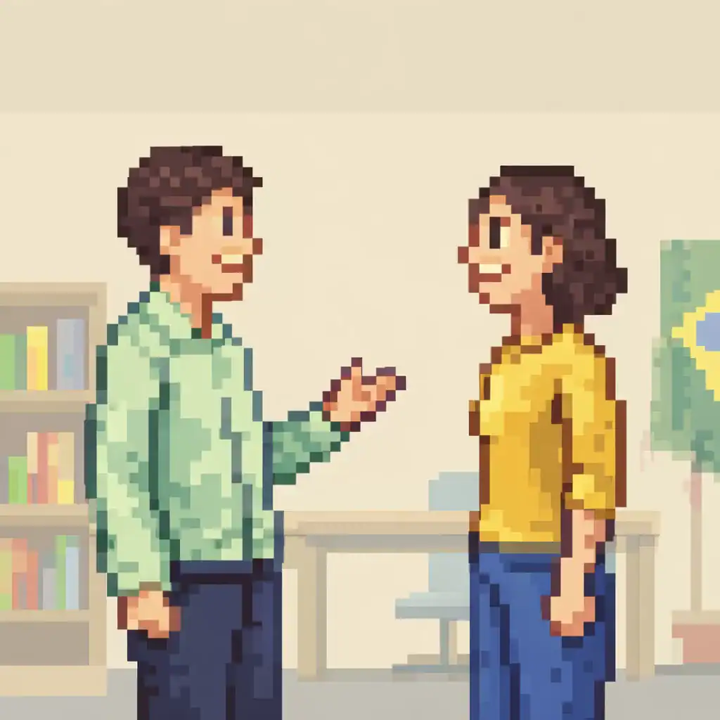 Pixel art illustration of two people standing and talking during a Portuguese oral exam interaction.