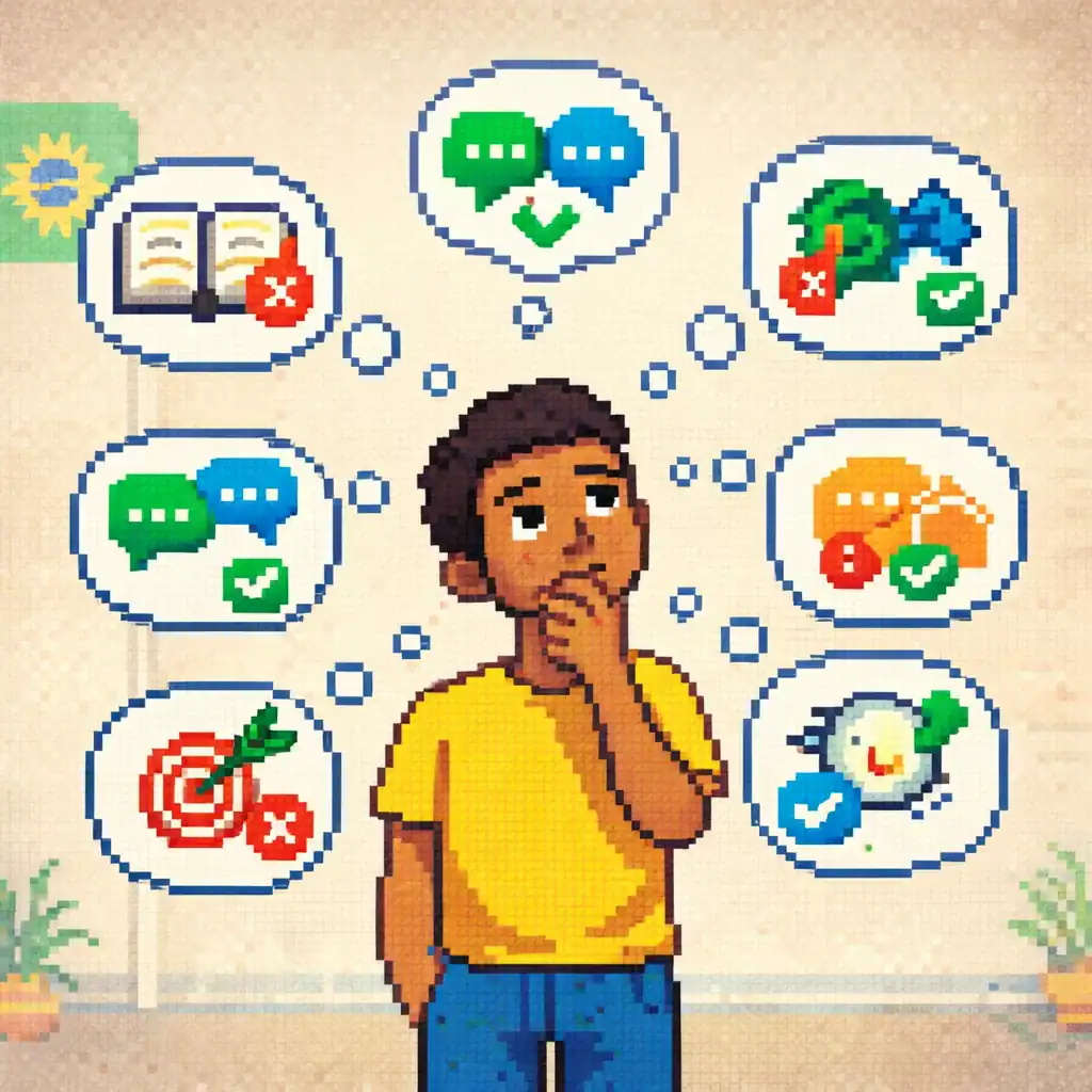 Ilustración en pixel art de una persona reflexionando sobre ideas correctas e incorrectas en la preparación del examen CELPE-Bras.