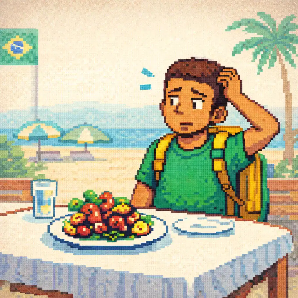 Pixel art illustration of a traveler confused by a wrong food order at a restaurant in Brazil.
